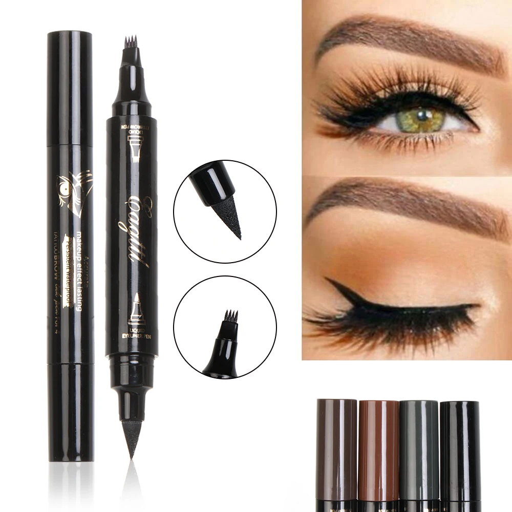 

2 in 1 Liquid Eyebrow Pen Eyeliner Double Head Fork Tip Waterproof Tattoo Eye Brow Pencil Eyes Makeup Coffee/Black/Brown Color