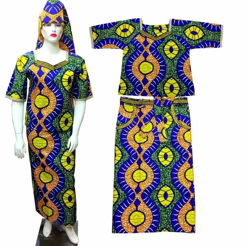 

African dresses for women Dashiki Dresses with T- shirt Real WAX traditional african clothing For ladies with headtie 1719