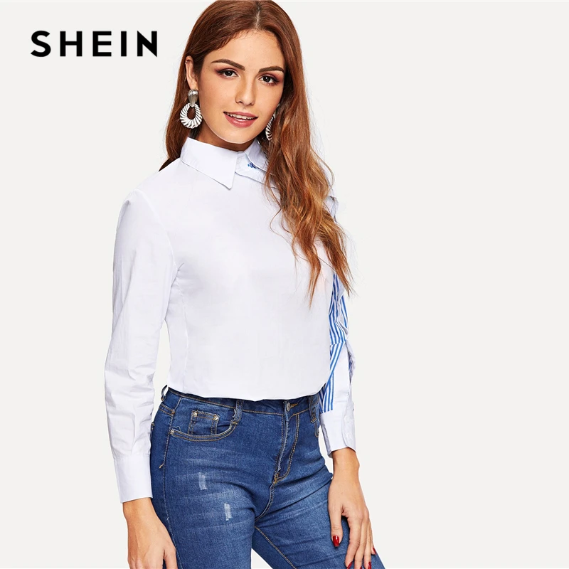  SHEIN White Striped Button Decoration Shirt Classy Blouse Women Summer Autumn Asymmetric Placket Tu