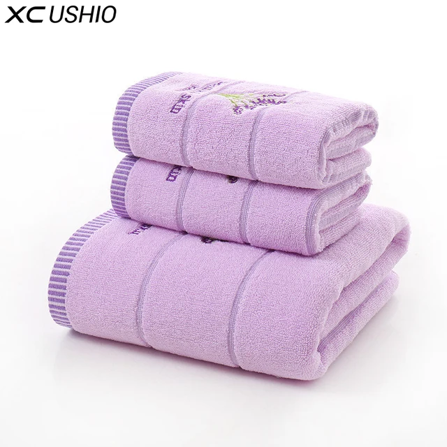 XC USHIO 3PCS/Set 100% Cotton Lavender Towel Set One Piece 70*140cm Bath Towel Two Pieces 34*75cm Face Towels Gift Towel Set