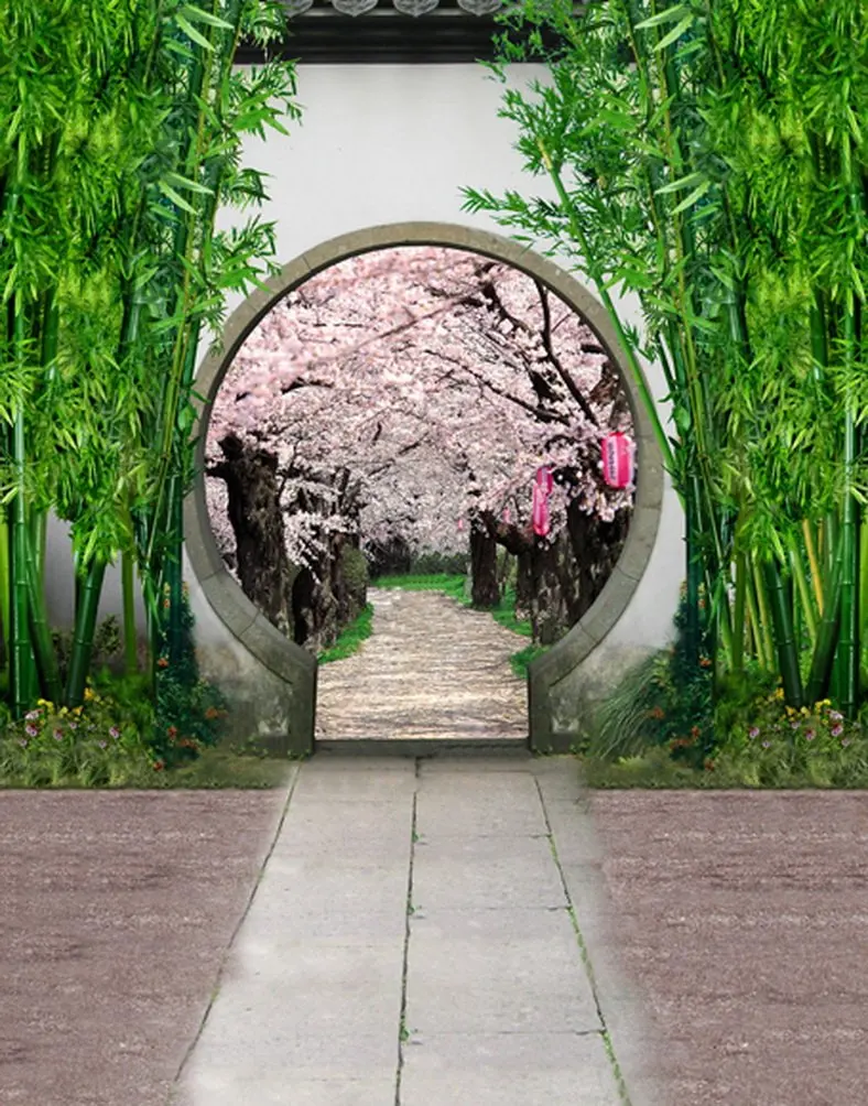

5x7ft Chinses Traditional Round Door Bamboo Photography Backdrops Photo Props Studio Background
