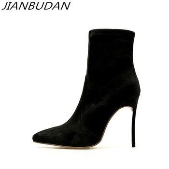 

JIANBUDAN Sexy autumn fashion stretch boots high heel women 11.5cm Super high heel Bare boots Lady ankle boots 35-42 size