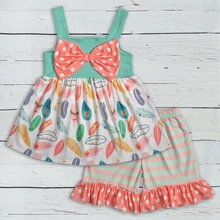 Комплект одежды для девочек с перьями; одежда для маленьких девочек; летние модные шорты с бантом; комплект одежды для малышей; 2GK904-1230-HY