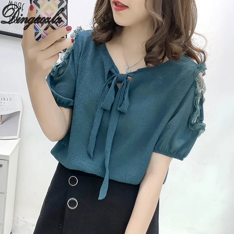 

Dingaozlz roupas feminina 2019 New Women Lace Tops Korean Fashion Bot tie Chiffon blouse Patchwork Casual Lady shirt