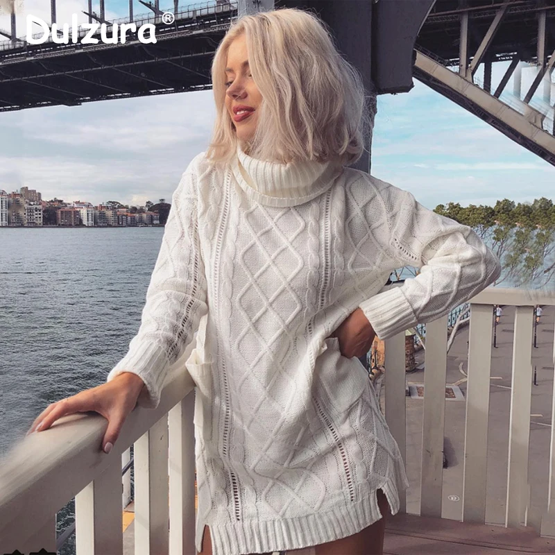 

Casual Women Turtleneck Long Sweater Dresses Autumn 2018 Knitted Pockets Pullovers Female Fashion White Knitwear Jumpers Femme