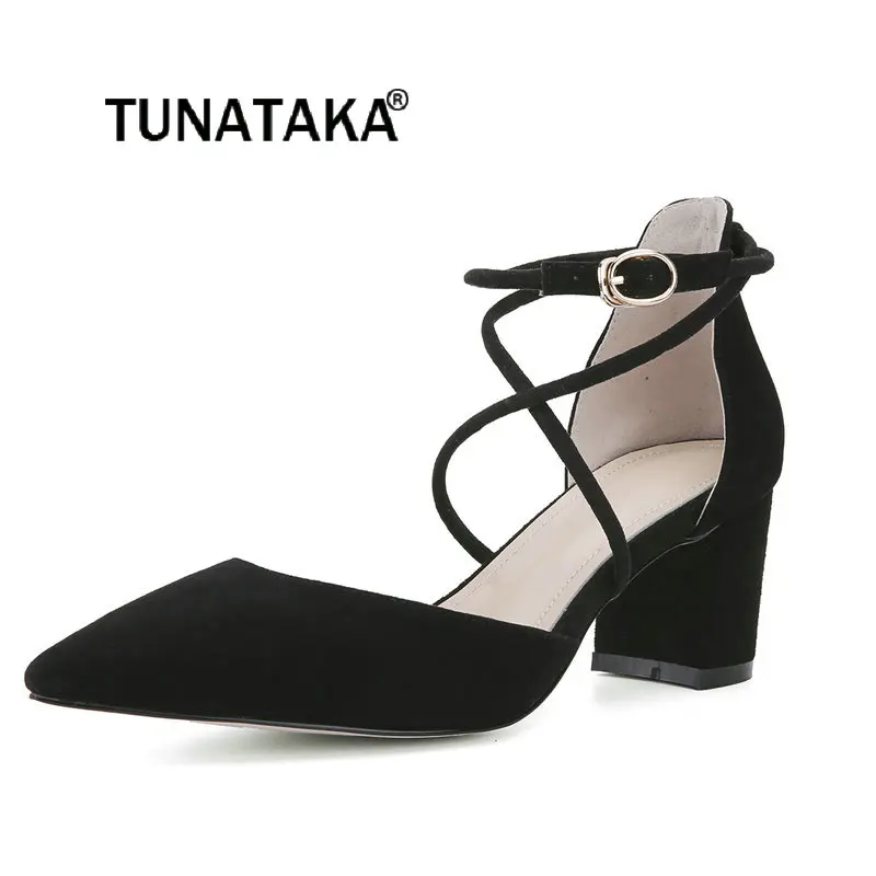 

Women Suede Buckle Strap Thick High Heel Pumps Fashion Cross Tied Pointed Toe New Dress Women Shoes Black Pink Blue