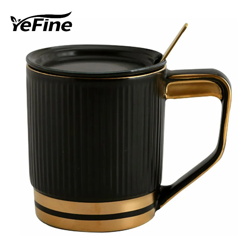 YeFine скандинавском стиле Модная Золотая серия керамическая кофейная кружка с крышкой и ложкой офисная чайная чашка домашний фарфор посуда для напитков