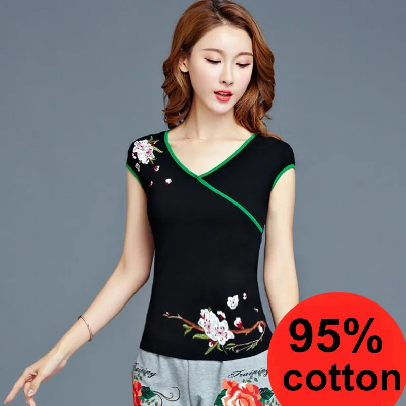 

Women Summer Harajuku Ethnic Embroidery Cotton V-neck Top Femme Plus Size Slim Basic Tees T-shirts Tops Streetwear 5XL