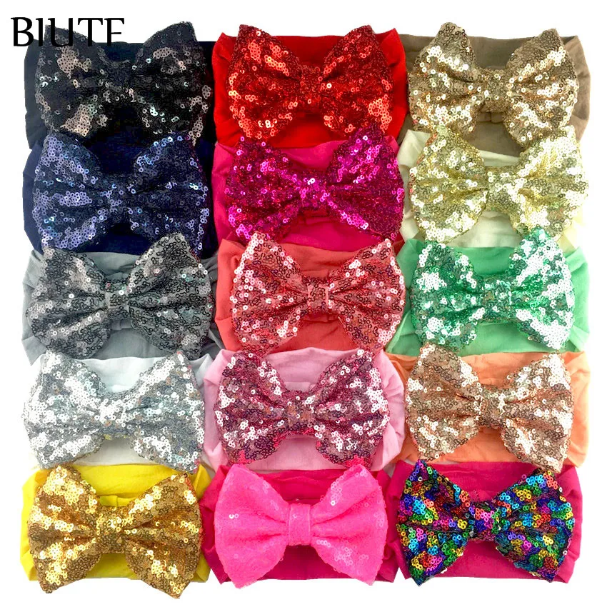 

20pcs/lot Exquisite Head Band Nylon Elastic Headband with 4.5'' Messy Embroidery Sequin Bow Girl Cute Hair Accessories HB077