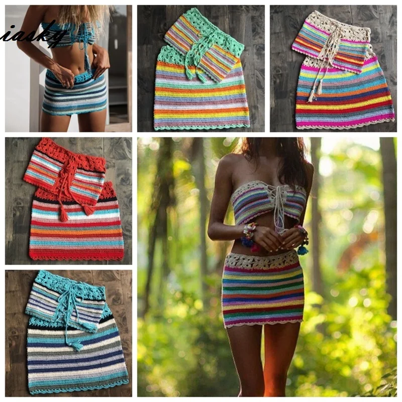 Top plus Saia Iasky 2 Pçs e set Handmade Colorido Listrado Crochet Bikini Praia Cover up Set Sexy Mulheres Swimsuit Swimwear Capa Ups