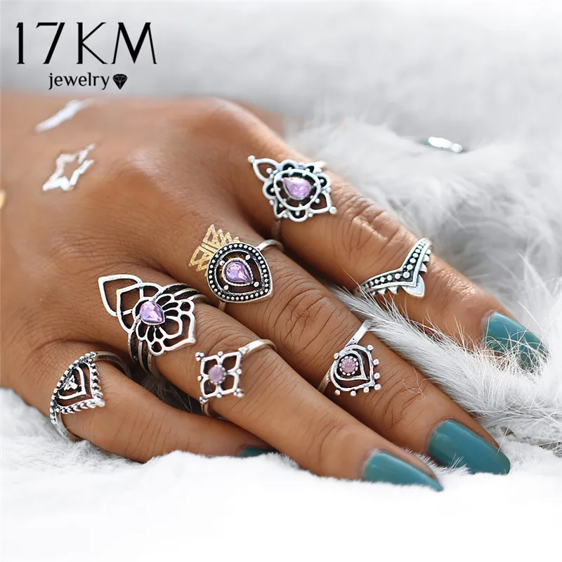 

17KM Vintage Tibetan Flower Ring Sets Crystal Knuckle Midi Rings for Women Retro Boho Beach Anillos Punk Jewelry Party 7PCS/set
