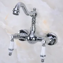 

Polished Chrome Brass Wall Mounted Double Ceramic Handles Levers Bathroom Kitchen Sink Faucet Mixer Tap Swivel Spout anf956