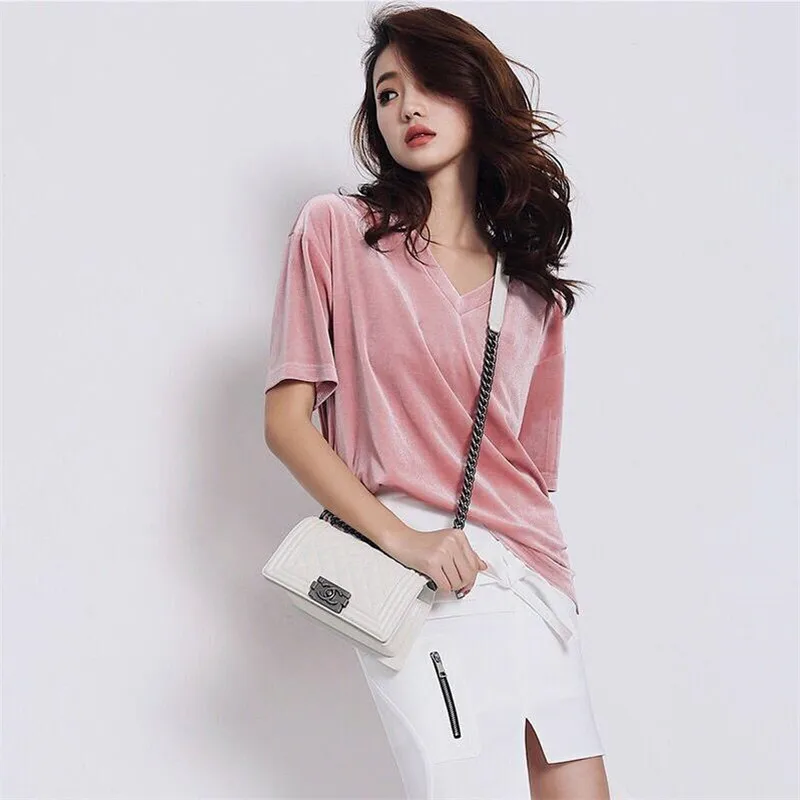 

2019 Autumn Fashion Female Shirt Slim Tops Gold Velvet Shirt V-Neck Short Sleeves Solid Color Women Shirts Plus Size M-7XL