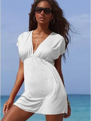 

Summer Women's Solid Color Elastic V-neck Short Sleeve Sexy Beach Swimwear Cover Up Dress Solid Short Sleeve Beach Cover
