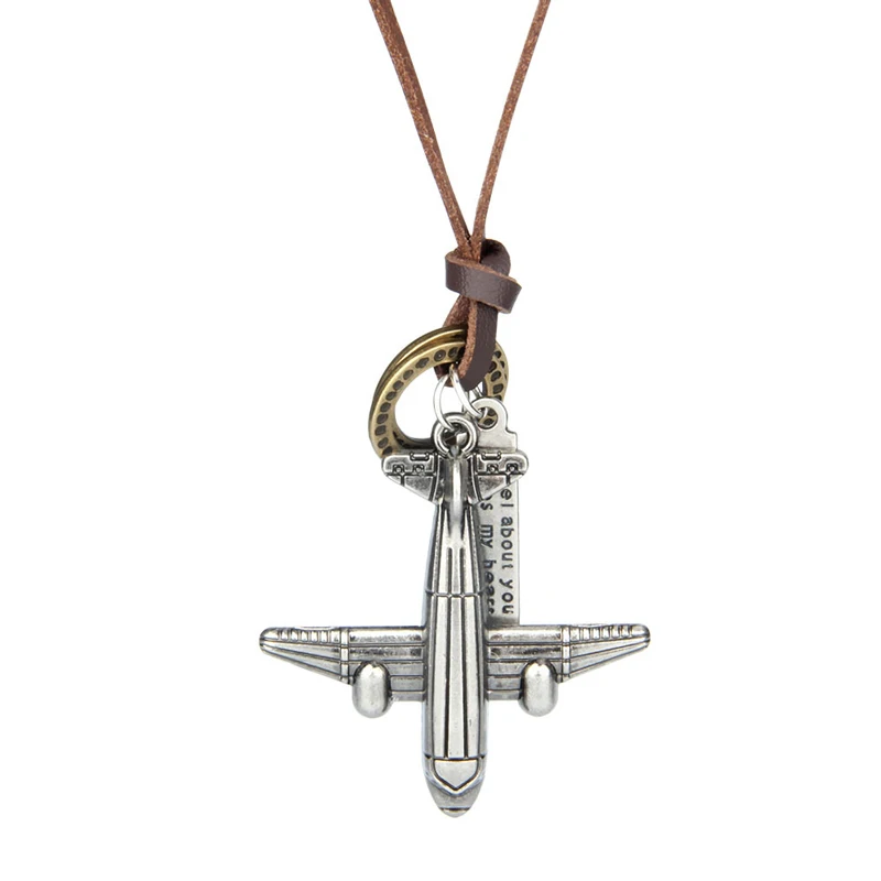 NIUYITID Necklace & Pendants Vintage Aircraft Plane Charm Jewelry For Men Women Brown Leather Rope Long Chain Bijou Gift (4)