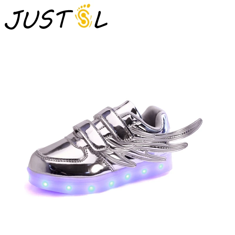 Justsl 2017 Демисезонный Детская мода кроссовки крылья USB аккумуляторная красочные открытый светящаяся обувь с подсветкой Size25-37
