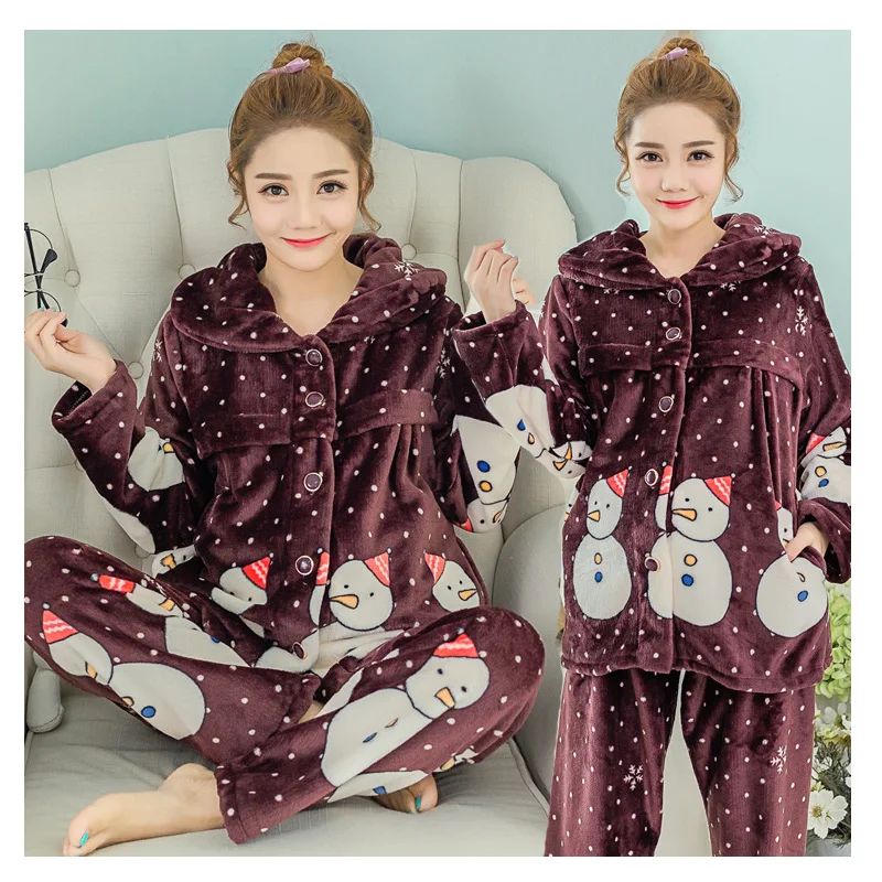 

High Quality Winter Soft Flannel Floral Nursing Home Wear Tops+Pants for Pregnant Women Maternity Clothing Pajamas Factory Sale