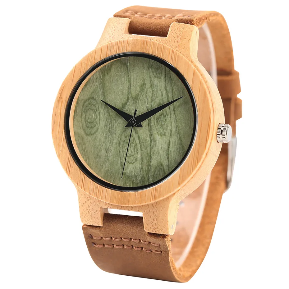 Nature Bamboo Wood Pattern Watch Men Green/Brown Dial Genuine Leather