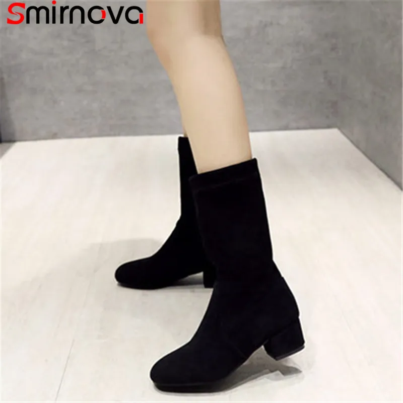 

Smirnova new fashion 2018 winter women boots slip on med square heel solid mid calf gentle mature ladies mid calf boots