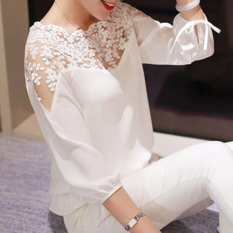 

2018 New Casual White Black Women Blouse Ladies Solid Elegant Ladies Girl Women Lace Hollow Casual Chiffon Blouse Top S-XXL