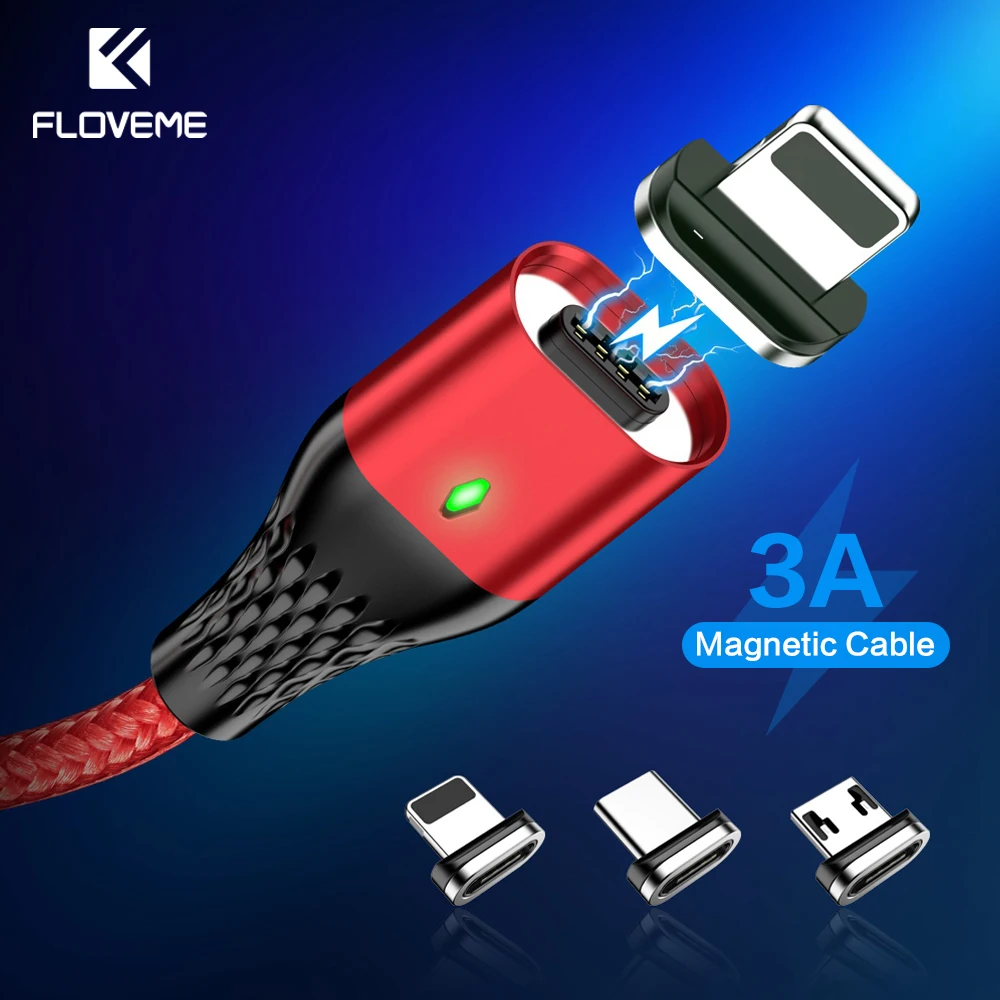 

FLOVEME Original Magnetic Cable For iPhone XR USB 3A Fast Charging USB Type C Cables Micro USB Cable Cargador For Samsung Xiaomi