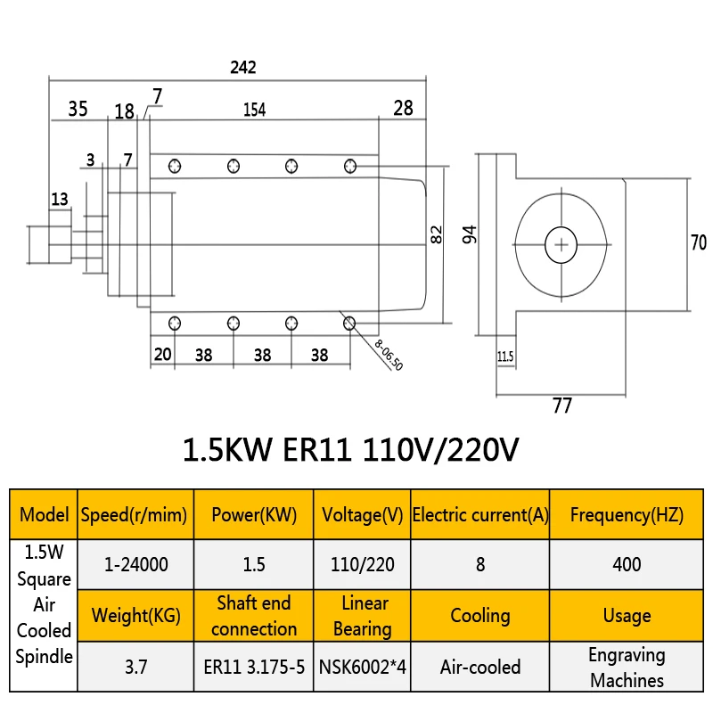 1.5KW 220V CNC мотор шпинделя с воздушным охлаждением мотор шпинделя ER11 цанговый патрон древесины маршрутизатор станки с 4 подшипниками для гравера