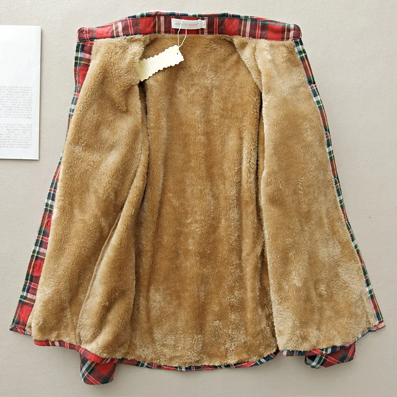 low cost 2019 New Winter Warm Women Velvet Thicker Jacket Plaid Shirt Style Coat Female College Style Casual