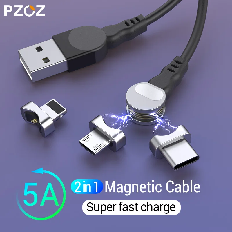 

PZOZ 2 in 1 Rotatable Magnetic USB Cable For iPhone XS Max XR X 8 Fast Charging Charger Micro USB Cable 2 in 1 Phone USB Type c