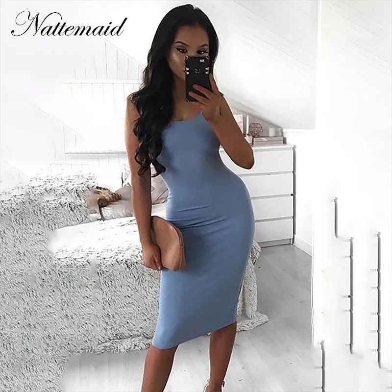 

NATTEMAID Solid Blue Sheath Pencil Bodycon Dress Women Slim Spaghetti Strap Strapless Sexy Dress Summer Casual Midi Party Dress