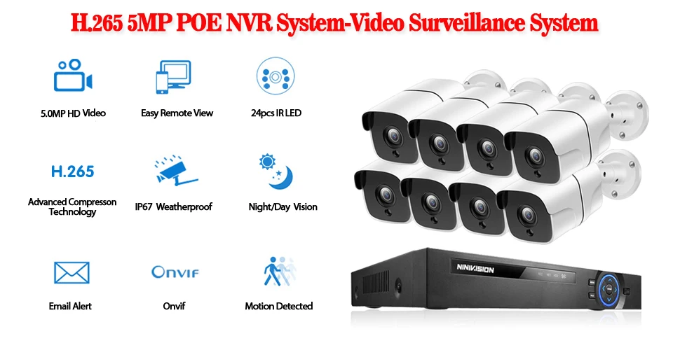 H.265 4CH 8Ch 16CH 5MP POE NVR CCTV камера системы 5MP POE ip-камера 2560*1944 Открытый водонепроницаемый комплект видеонаблюдения