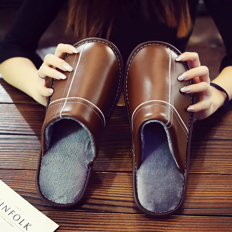 spring high quelity leather shoes for men indoor slippers soft round toe home slippers man spring/winter shoes - Цвет: Coffee