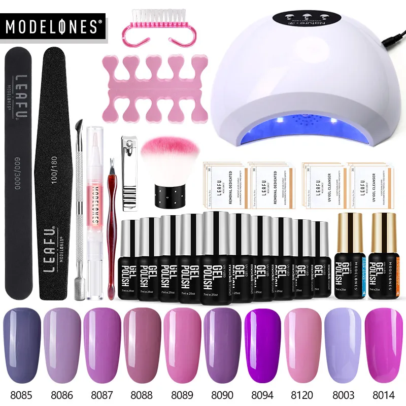 

Modelones 24Pcs/Lot Led Lamp Nail Gel Varnish Tools Kit Purple Colors Nail Gel With Base Top Coat Fast Dryer Art UV Gel Set