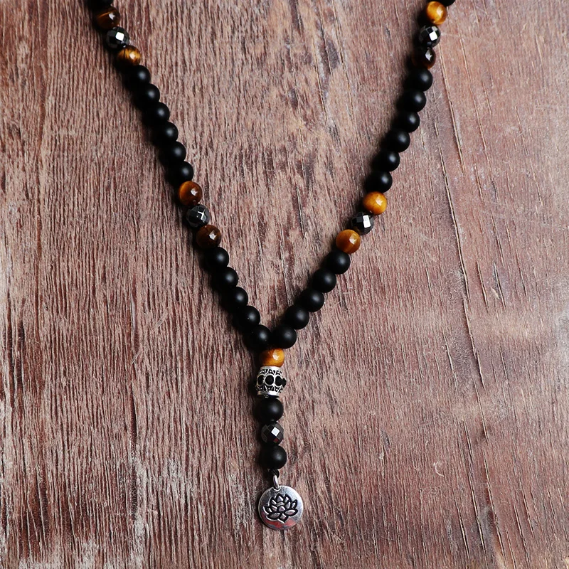 Дизайн, натуральный камень тигровый глаз, бусина, черный Будда, подвески с лотосом, мужское ожерелье, винтажное бисерное ожерелье, подвеска