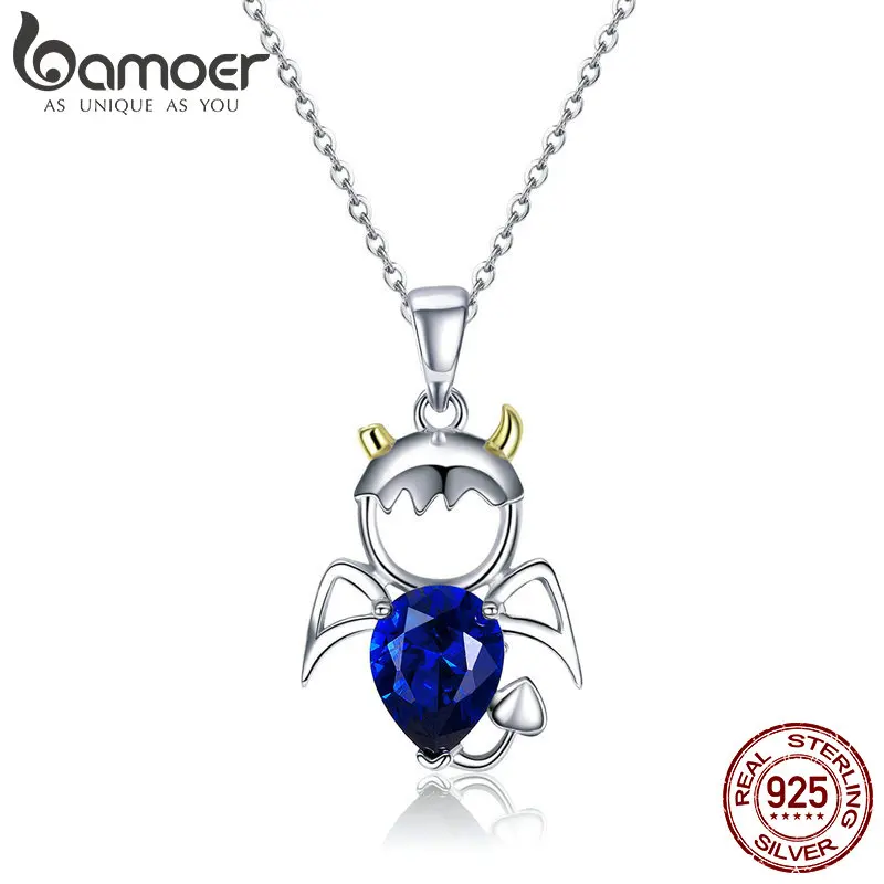 

BAMOER Real 100% 925 Sterling Silver Lovely Angel And Devil Pendant Necklaces Blue CZ Necklace For Women Silver Jewelry SCN283