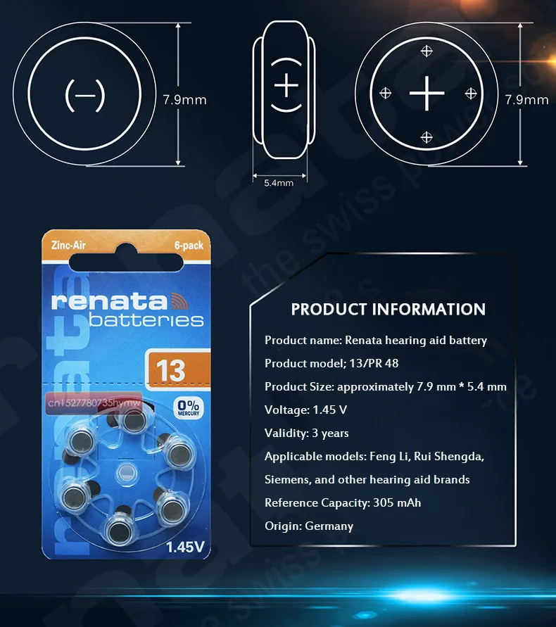 Renata 30pcs/5pack Maratone Plus Size A13 13A ZA13 13 PR48 Zinc Air 1.45V Hearing aid battery