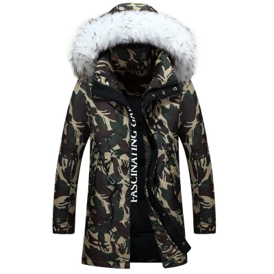 Новинка, зимняя мужская куртка, модная, камуфляжный узор, длинная куртка, плотный повседневный пуховик с капюшоном, меховой ворот, с белым пухом утки, пальто - Цвет: Зеленый