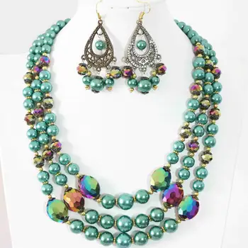 

Malachite green earrings necklace 3rows round shell simulated-pearl square crystal weddings anniversary jewwelry 18-21.5" B999