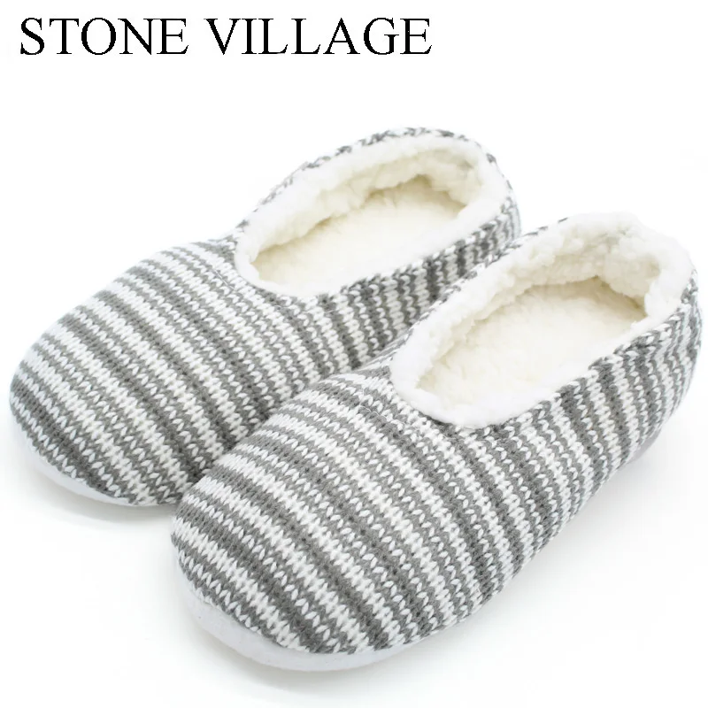 STONE VILLAGE New Arrival Winter Warm Plush Slippers Knit Cotton Home Slippers Women Slipper Shoes Free Size 27cm