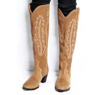 

2018 Winter fashion Women Knee High Boots Beige Black Cowboy Embroidered Pattern Tall Booties Chunky Cuban Heels Knight Botines