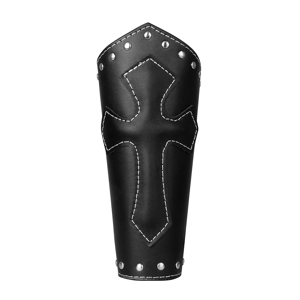 2Pieces Unisex PU Leather Gauntlet Style Wristband Wide Bracer Arm Cuff Bangle with Cross Charms Ethnic Charms - Black