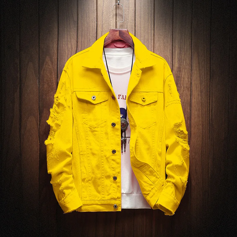 

HO 2019 autumn new men's solid color lapel denim jacket tide hole green denim solid color jacket