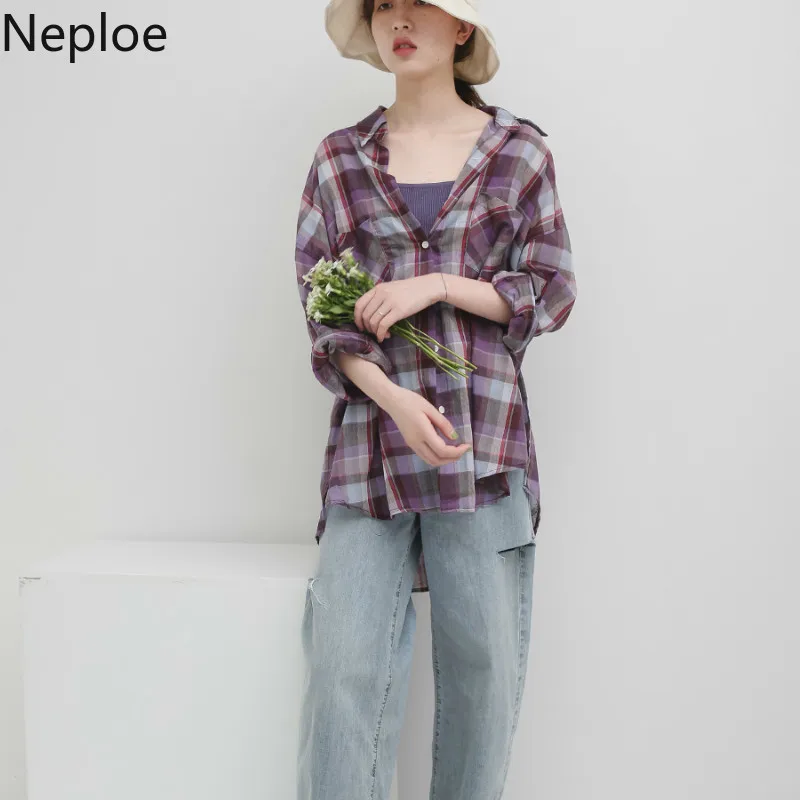 Neploe клетчатый принт женские рубашки лето 2019 Новая блузка с отложным воротником и