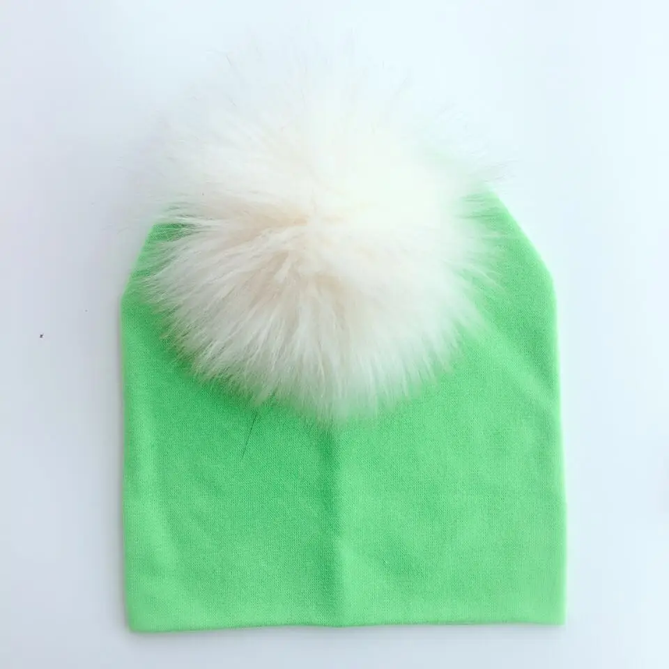 Ребенок малыш Дети Девочки Мальчик теплая шапка зимняя шапочка вязаная бини младенческой хлопок Красочные енота искусственный мех помпон шапка - Цвет: light green