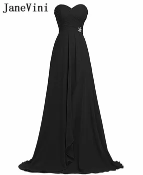 

JaneVini Simple Black Long Bridesmaids Dresses Chiffon Crystal Sweetheart Pleat Wedding Guest Party Dress Vestidos Festa Longo
