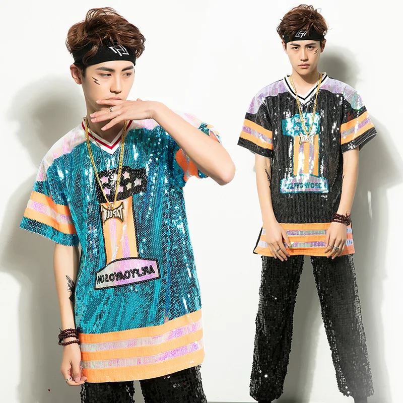 

Jazz Tap Hip Hop Costumes Fashion Sequin DS Stage T-shirt Clothes Shiny Colorful Street Dancewear Large Size For Boy Girl A0188