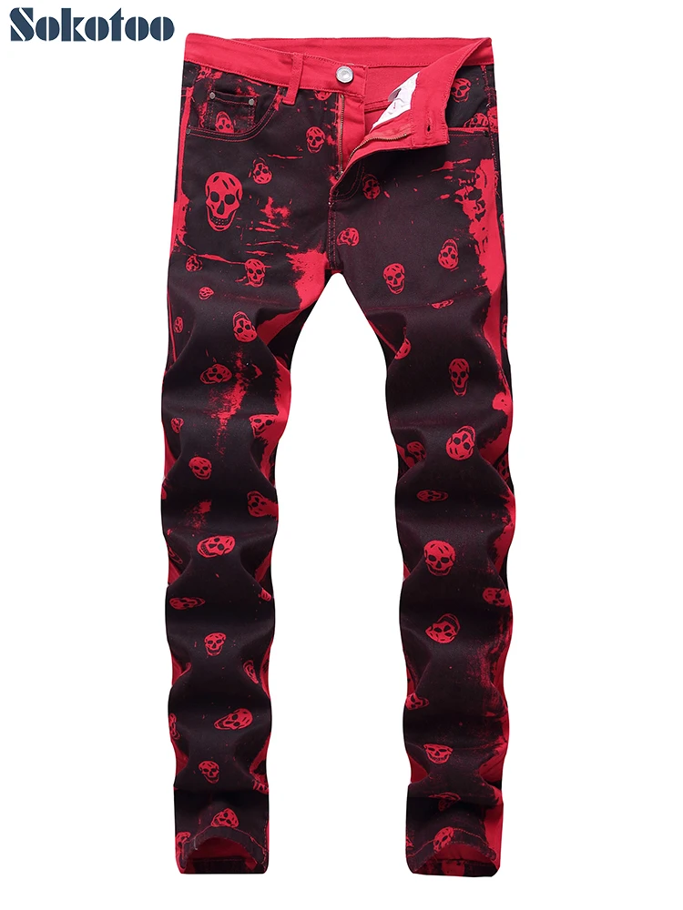 Meilleur Sokotoo homme crâne imprimé rouge denim jeans grande taille mode slim fit motif peint stretch pantalon