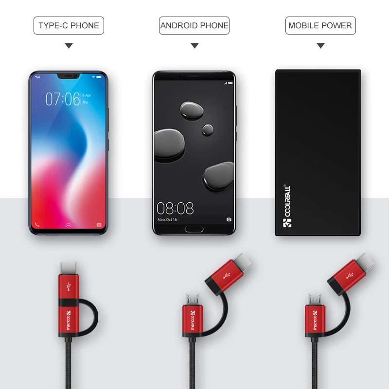 Coolreall 2.4A Micro USB Cable 2 in 1 USB Type C Fast Charging Data USB C Charger Cable for Samsung Xiaomi Oneplus Huawei P9