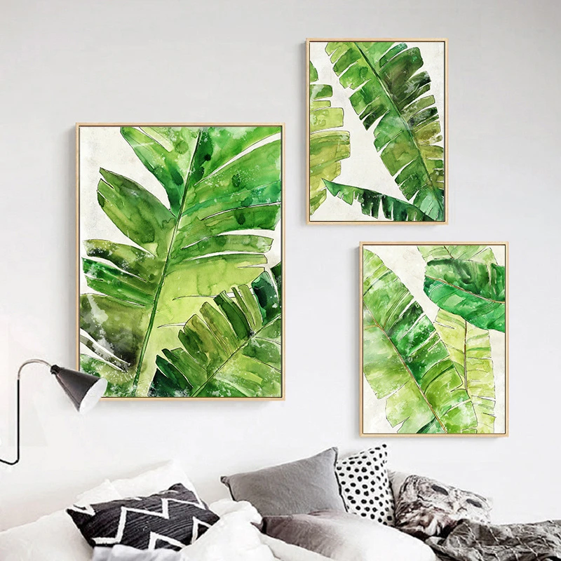 Canvas White Based Green Plant Wall Painting Creative Nordic Tropical