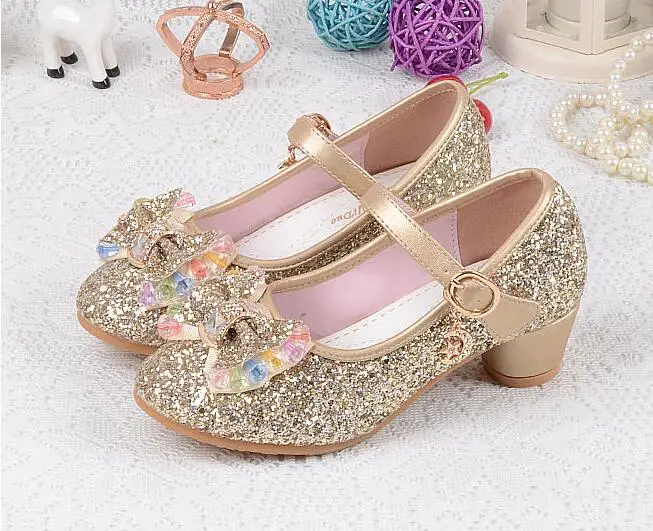 

Girls princess shoes 2017 Hot sale spring autumn children's fashion breathable Rhinestone mid heel single leather shoes kids
