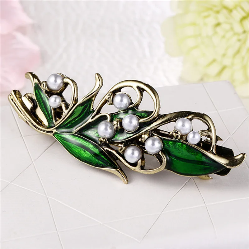 Exquisite Elegant Retro Enamel Green Leaf Pearl Hair Clip Clamp Hairpin Women Girls Hair Accessories hair accessory hair clip pearl hairpins